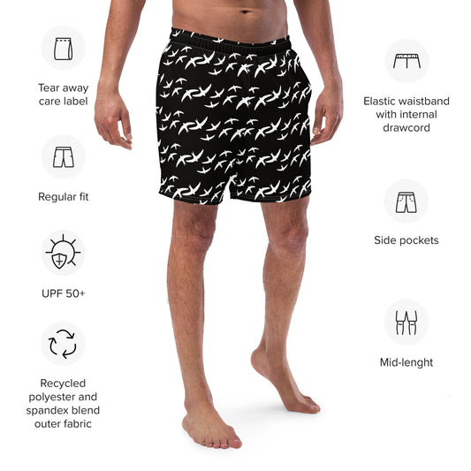 Black Signature Print Men's Swim Trunks with Pockets UPF 50+