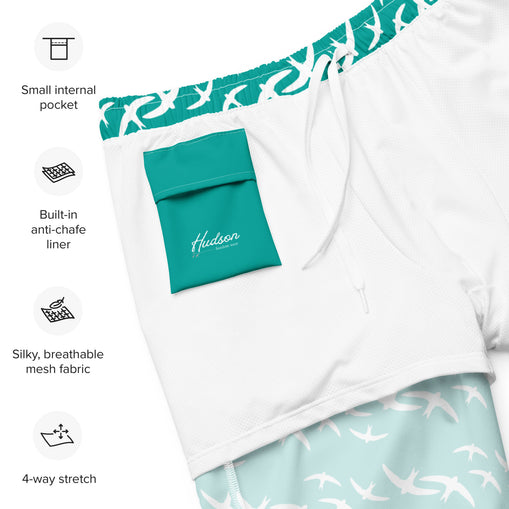 Teal Signature Print Men's Swim Trunks with Pockets UPF 50+