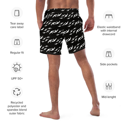 Black Signature Print Men's Swim Trunks with Pockets UPF 50+
