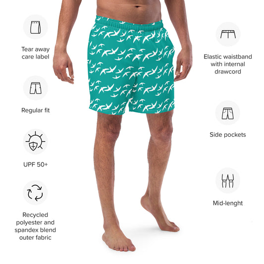 Teal Signature Print Men's Swim Trunks with Pockets UPF 50+