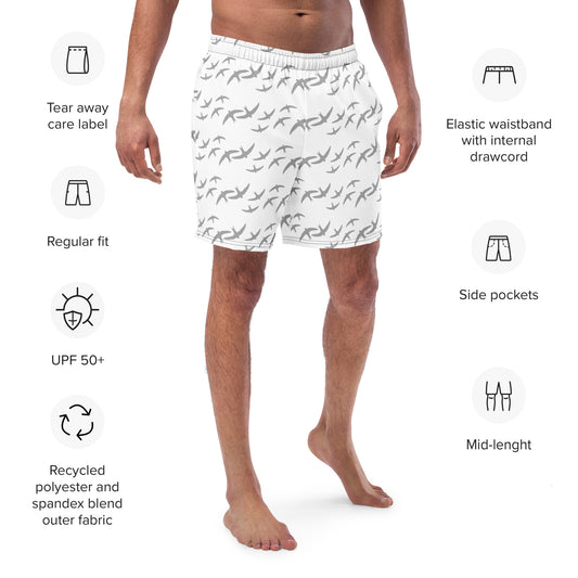 White Signature Print Men's Swim Trunks with Pockets UPF 50+