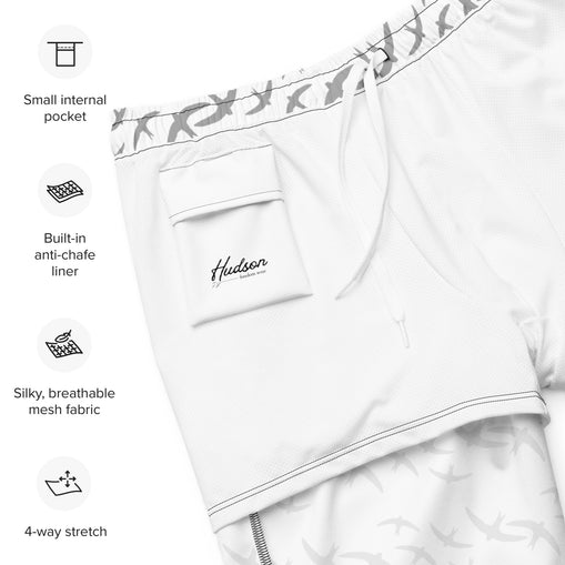 White Signature Print Men's Swim Trunks with Pockets UPF 50+